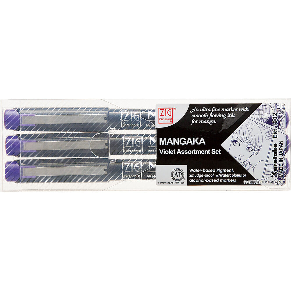 Kuretake ZIG Cartoonist Mangaka Violet Assortment Set featuring three precision-tip markers for detailed drawing