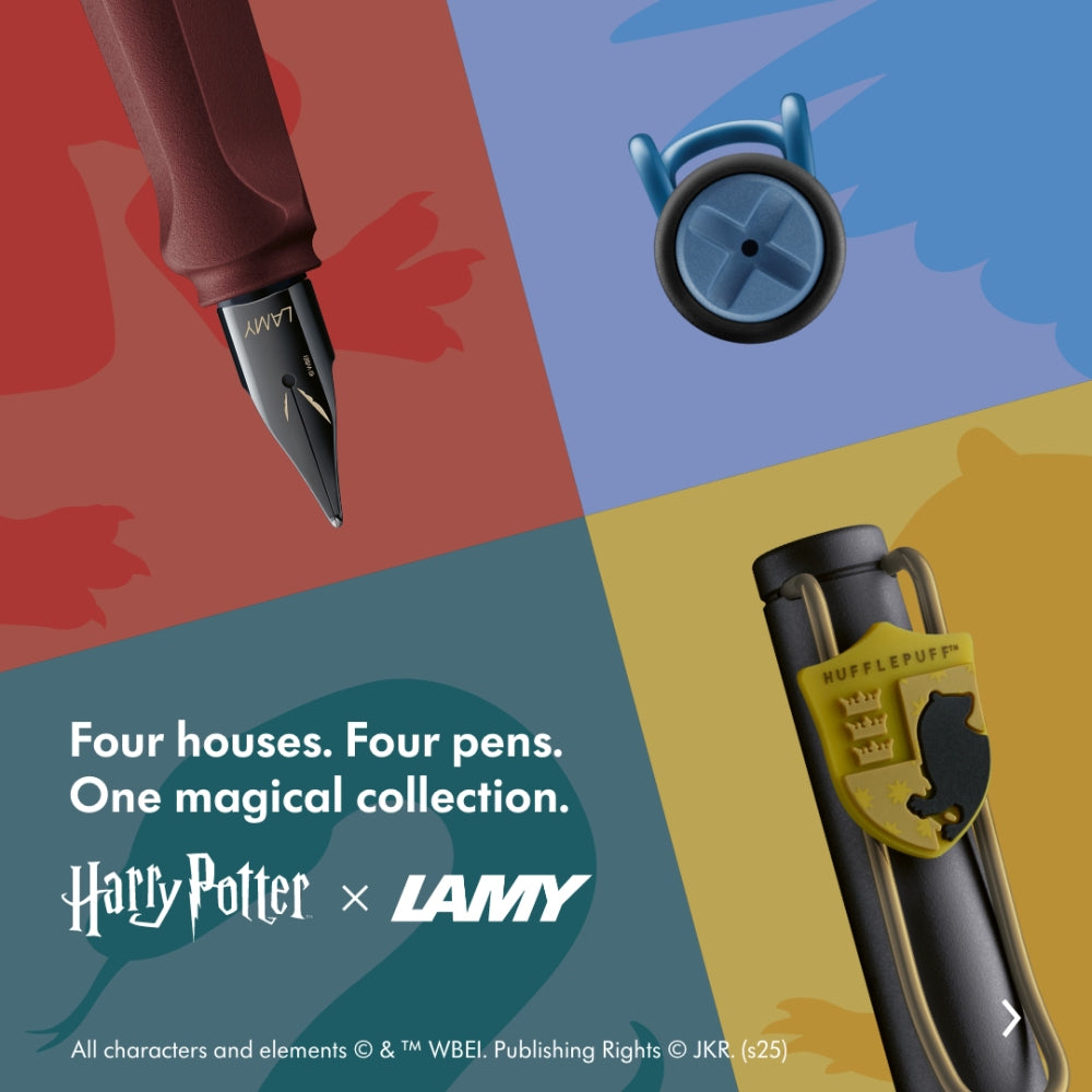 The Journal Shop - Promotional image showing all Lamy Harry Potter pens alongside House-themed accessories on a multicoloured backdrop.