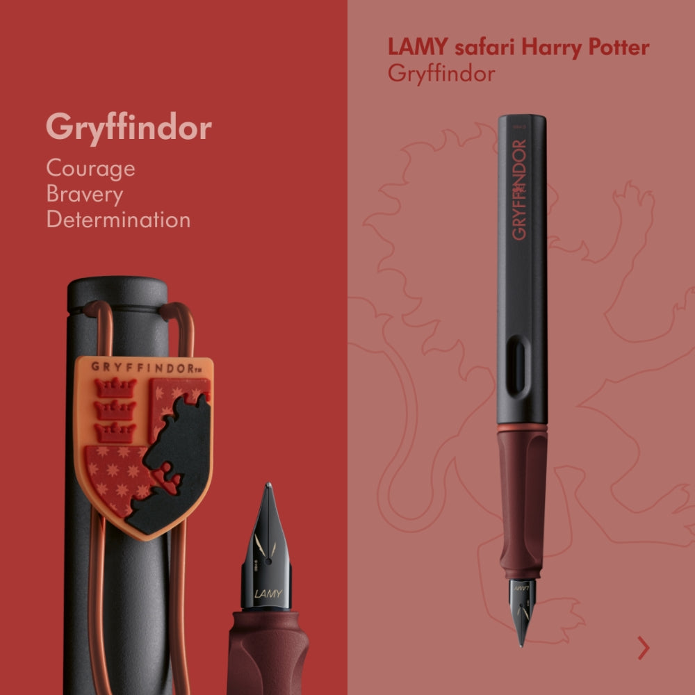 The Journal Shop - Red Lamy Safari Harry Potter Gryffindor Fountain Pen with House crest and red packaging background.