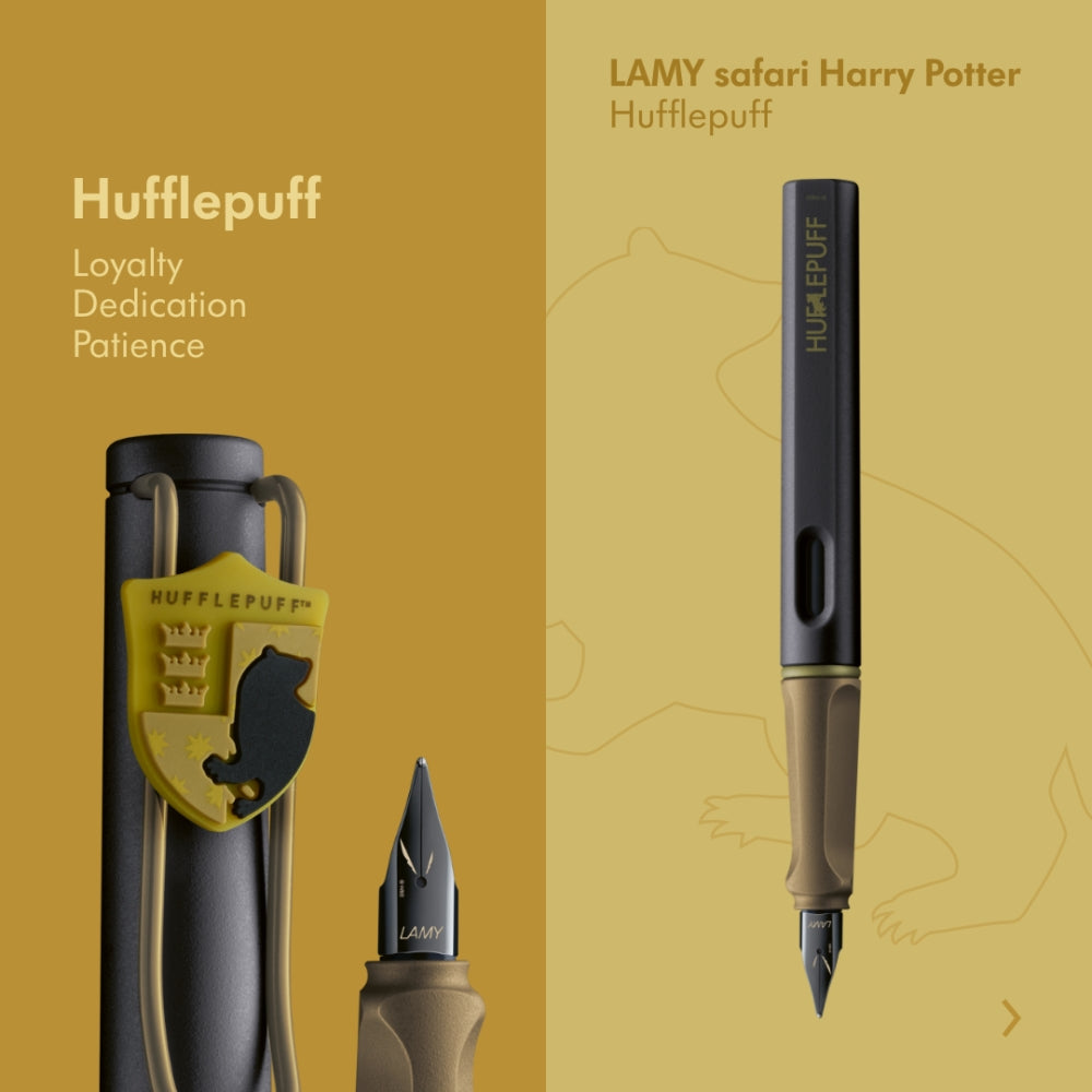The Journal Shop - Yellow Lamy Safari Harry Potter Hufflepuff Fountain Pen with House crest on a golden yellow background.