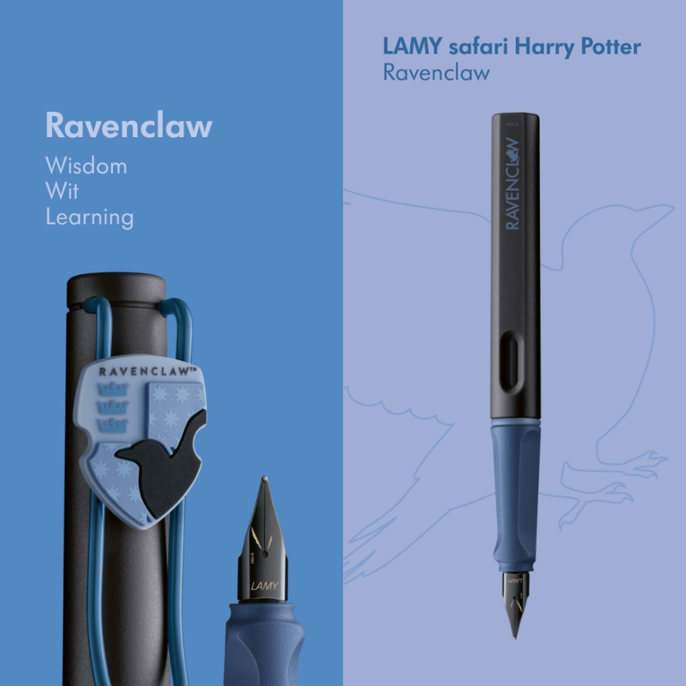 The Journal Shop - Blue Lamy Safari Harry Potter Ravenclaw Fountain Pen with House emblem and matching background.