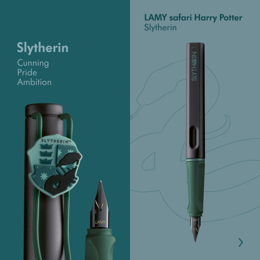 The Journal Shop - Green Lamy Safari Harry Potter Slytherin Fountain Pen with House crest and green-toned background.