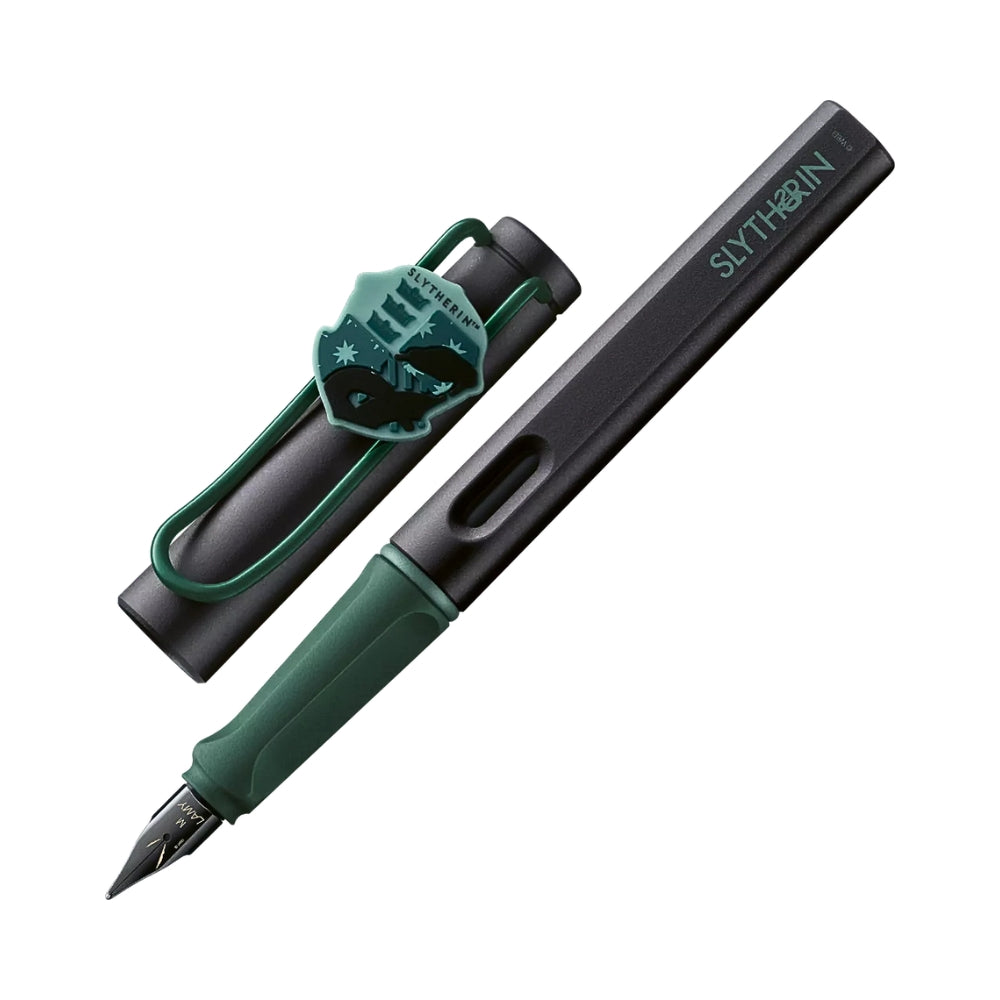 The Journal Shop - Lamy Safari Harry Potter Slytherin Fountain Pen with dark green barrel, black cap, and House crest clip.