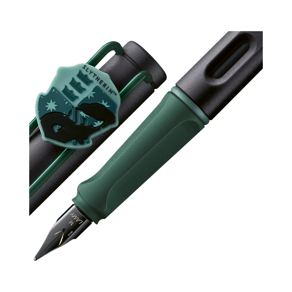 The Journal Shop - Close-up of the Slytherin Fountain Pen showing the nib and detailed green serpent emblem on the clip.