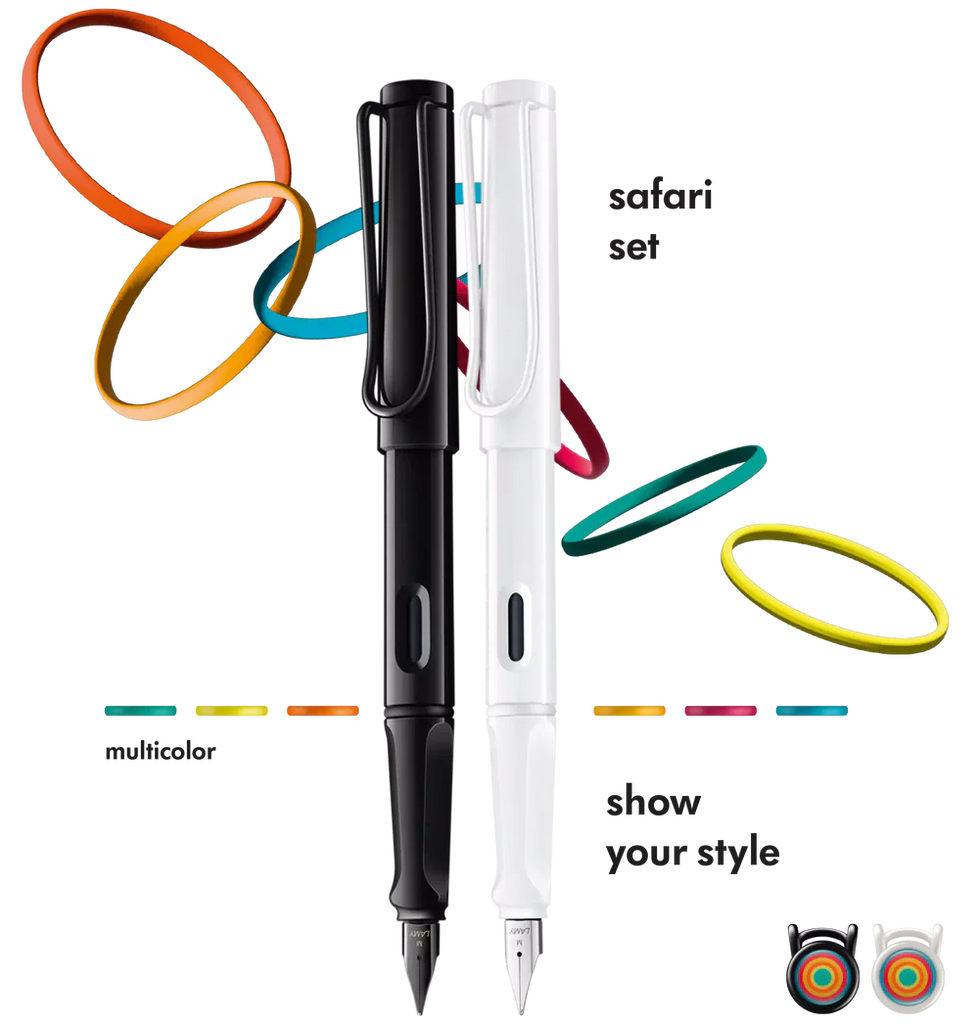 Promotional image of Lamy Safari Multicolour Special Edition Fountain Pen Set in all white and all black with colourful bands.