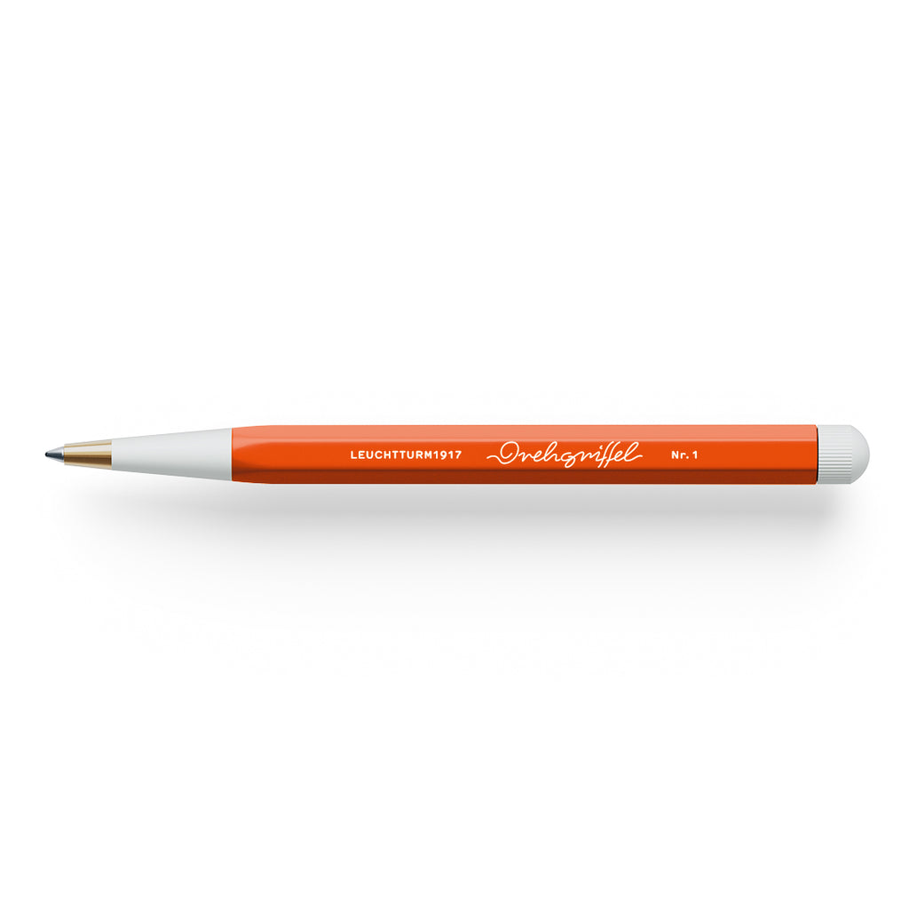 The Journal Shop - Bright orange Leuchtturm1917 Drehgriffel Nr. 1 Ballpoint Pen with white top and pointed metal nib.