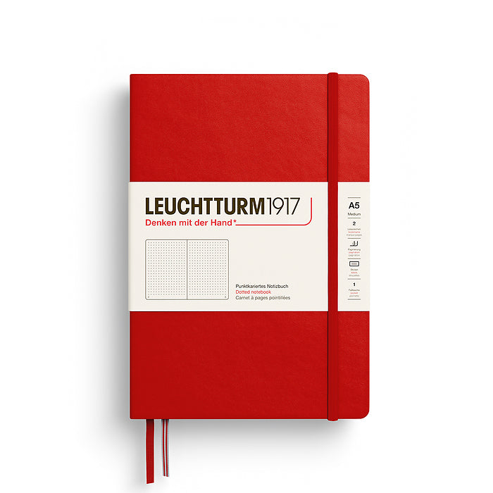 The Jounal Shop - Red Leuchtturm1917 Medium Hardcover Dotted Notebook (A5) featuring an elastic strap, twin bookmarks, and ivory paper label wrap.