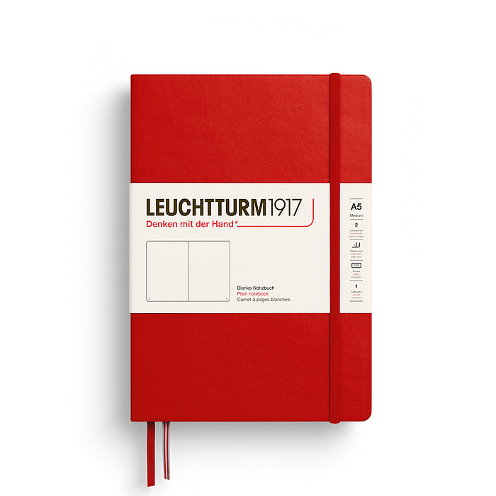 The Jounal Shop - Red Leuchtturm1917 Medium Hardcover Plain Notebook (A5) with elastic closure, twin ribbon markers, and cream label band.