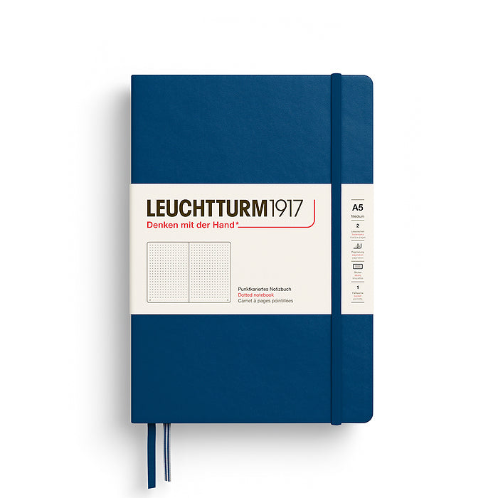 The Jounal Shop - Navy Blue Leuchtturm1917 Medium Hardcover Dotted Notebook (A5) featuring an elastic strap, twin bookmarks, and ivory paper label wrap.