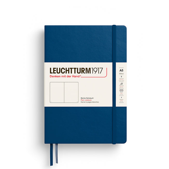 The Jounal Shop - Navy blue Leuchtturm1917 Medium Hardcover Plain Notebook (A5) featuring an elastic strap, twin bookmarks, and ivory paper label wrap.