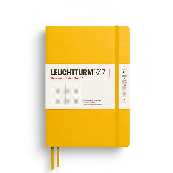 The Jounal Shop - Yellow Leuchtturm1917 Medium Hardcover Dotted Notebook (A5) featuring an elastic strap, twin bookmarks, and ivory paper label wrap.