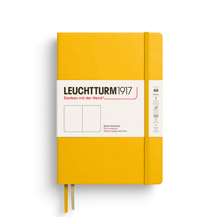 The Journal Shop - Sunshine yellow Leuchtturm1917 Medium Hardcover Plain Notebook (A5) showing elastic closure and twin bookmarks.