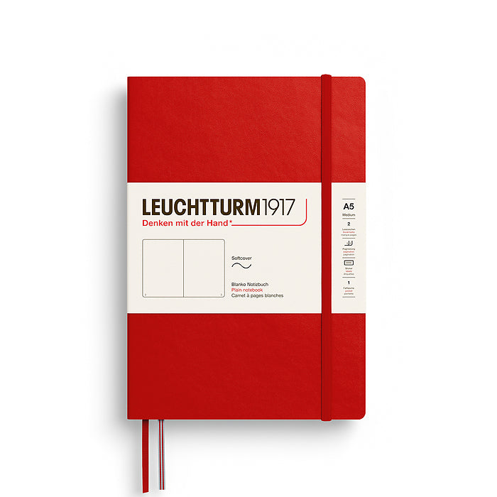 The Journal Shop - Red Leuchtturm1917 Medium Softcover Plain Notebook (A5) with elastic closure, twin ribbon markers, and cream label band.