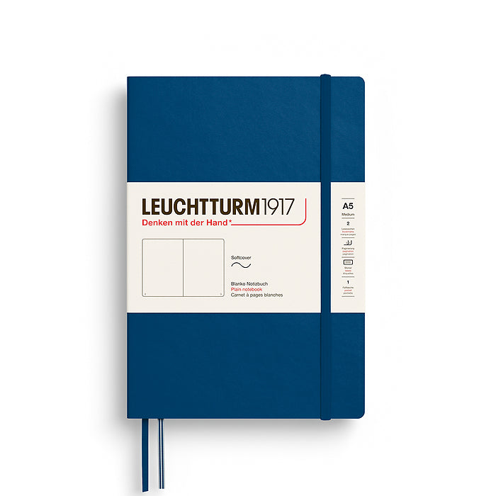 The Journal Shop - Navy blue Leuchtturm1917 Medium Softcover Plain Notebook (A5) featuring an elastic strap, twin bookmarks, and ivory paper wraparound label.