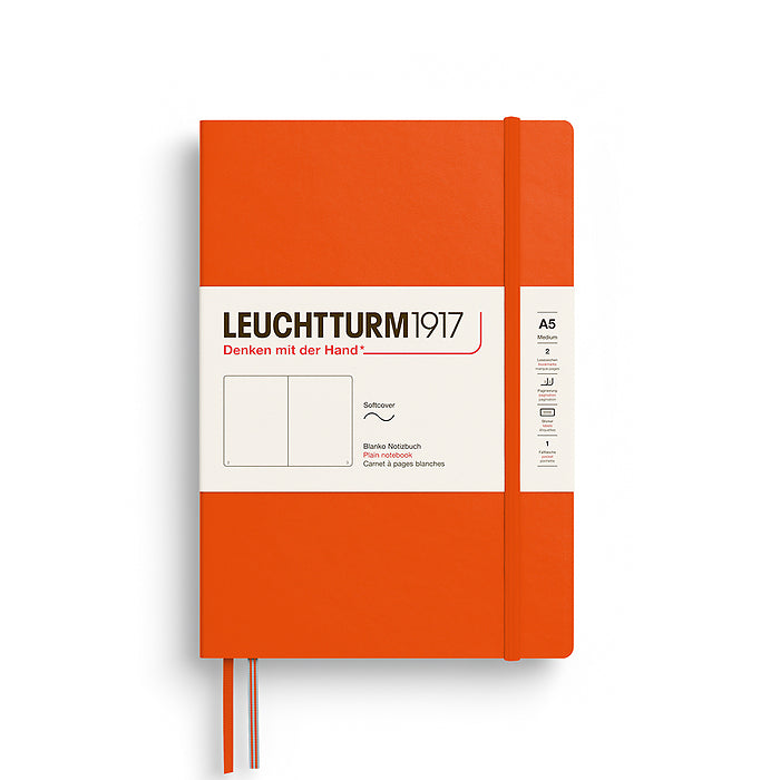 The Journal Shop - Bright orange Leuchtturm1917 Medium Softcover Plain Notebook (A5) with matching elastic band and ribbon markers.