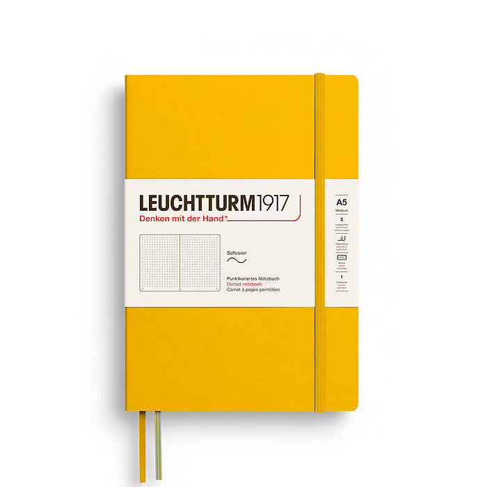 The Journal Shop - Yellow Leuchtturm1917 Medium Softcover Dotted Notebook (A5) showing elastic closure and twin bookmarks.