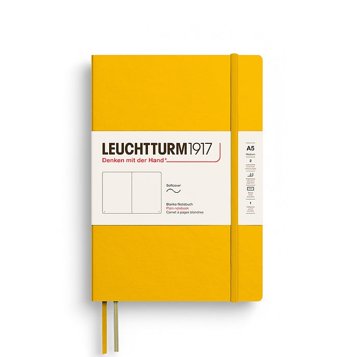 The Journal Shop - Yellow Leuchtturm1917 Medium Softcover Plain Notebook (A5) showing elastic closure and twin bookmarks.