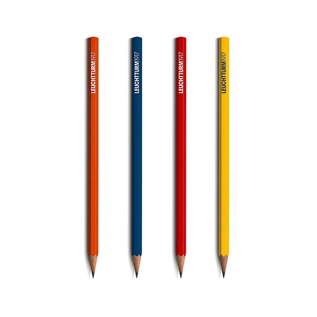 The Journal Shop - Four Leuchtturm1917 HB Pencils in orange, navy blue, red, and yellow with hexagonal barrels and sharpened graphite tips.