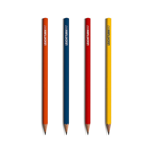The Journal Shop - Four Leuchtturm1917 HB Pencils in orange, navy blue, red, and yellow with hexagonal barrels and sharpened graphite tips.