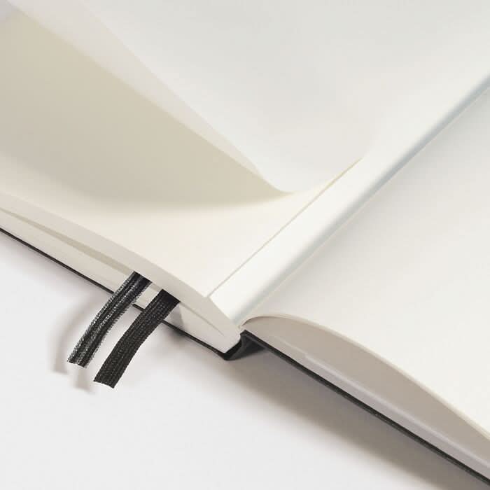 Close-up of a Leuchtturm1917 notebook showing two ribbon bookmarks and the inner rear pocket.