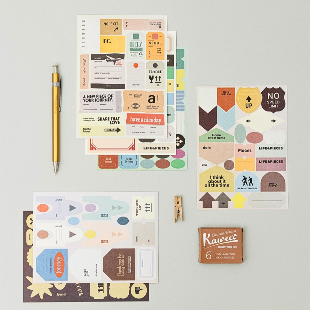 Life Project Stickers Livework LIFE & PIECES Vintage Label Sticker Set – 6 Sheets Decorative