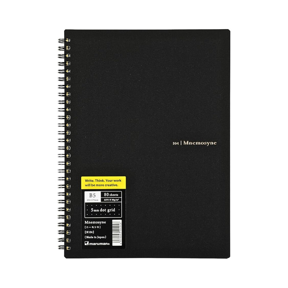 Maruman Mnemosyne B5 Dot Grid Notebook with black cover, spiral binding, and yellow product label.