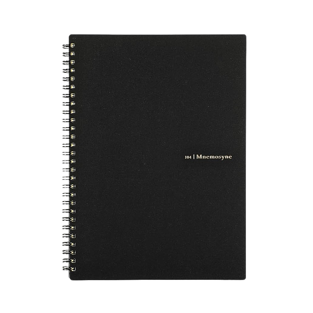 Maruman Mnemosyne B5 Dot Grid Notebook with plain black cover and spiral binding, showing gold logo text.