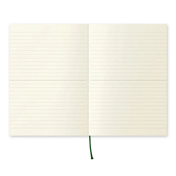 Open Midori MD Paper Notebook A6 Ruled displaying lined pages with green bookmark ribbon.