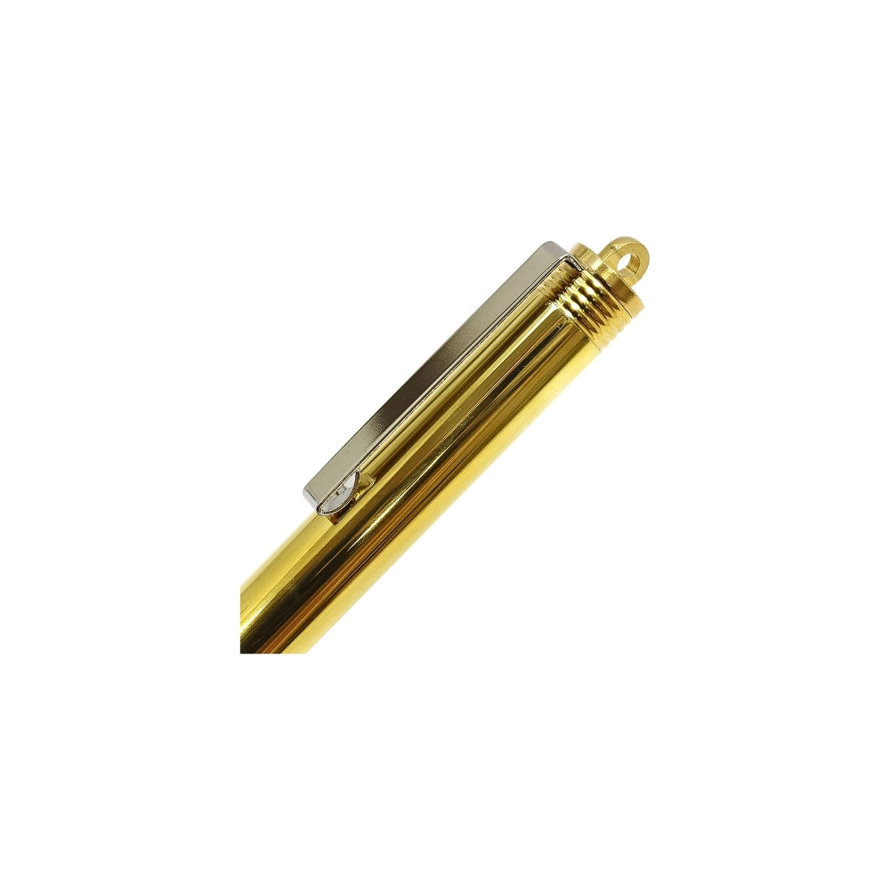 Angled view of the Midori Compact Brass Fountain Pen in gold, highlighting its sleek, compact size.