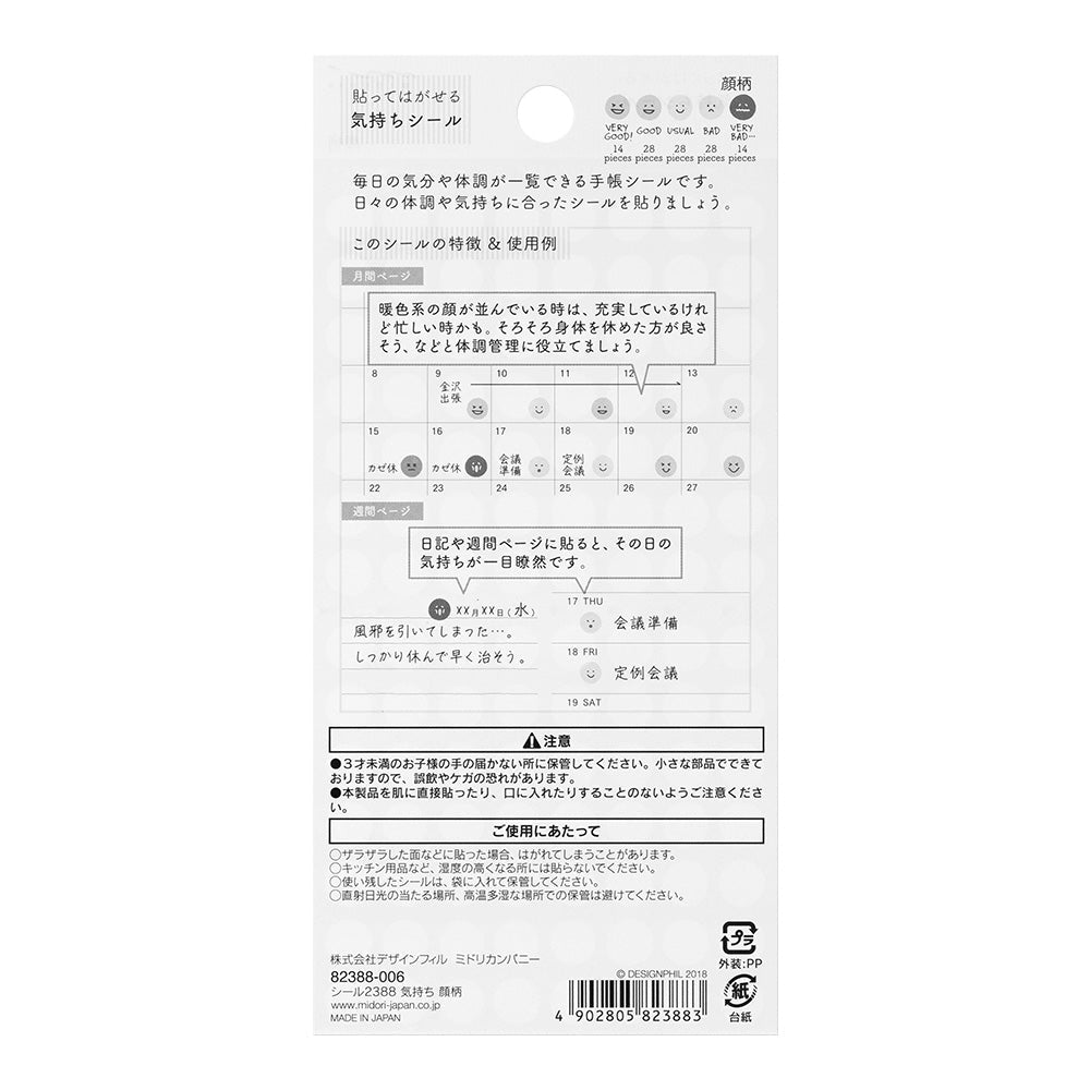 Back view of the Midori Feeling Face Mood Stickers packaging with product details.