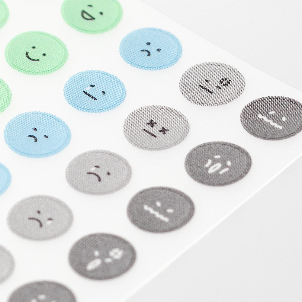 Close-up of Midori Feeling Face Mood Stickers showing smiling and frowning faces.