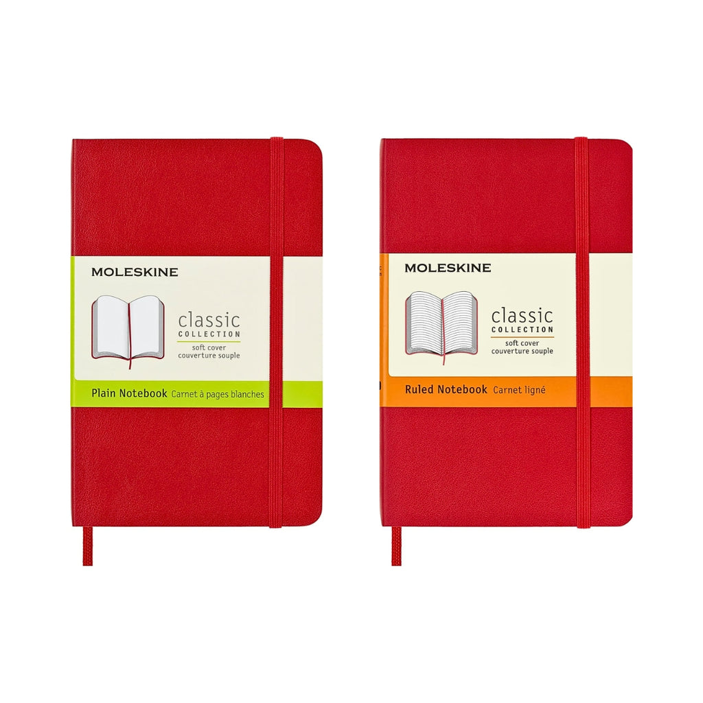 Moleskine Classic Pocket Soft Cover Notebook in scarlet red with paper band on the front.