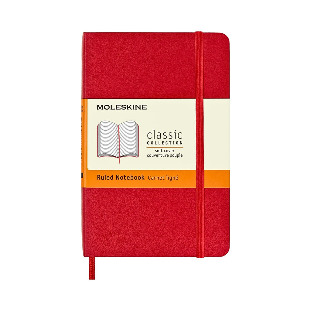 Front cover of the sealed scarlet red Moleskine Classic Pocket Notebook with band.
