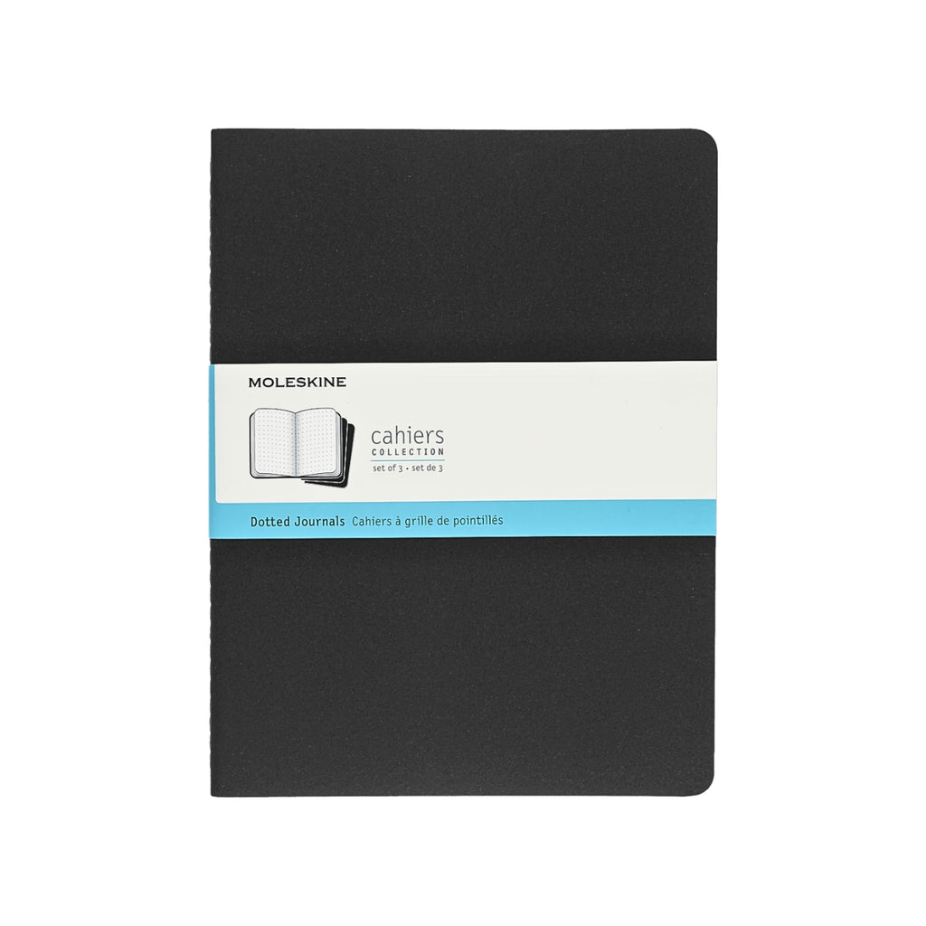 Moleskine Extra Large Black Cahier Dotted pack of three shown with original banded packaging.