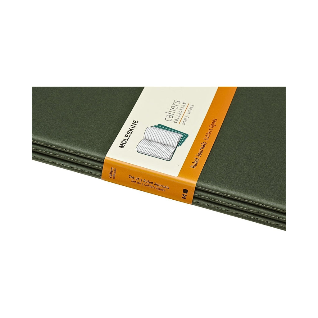 Close-up of packaging band on Moleskine Extra Large Myrtle Green Cahier - Lined 3 pack.