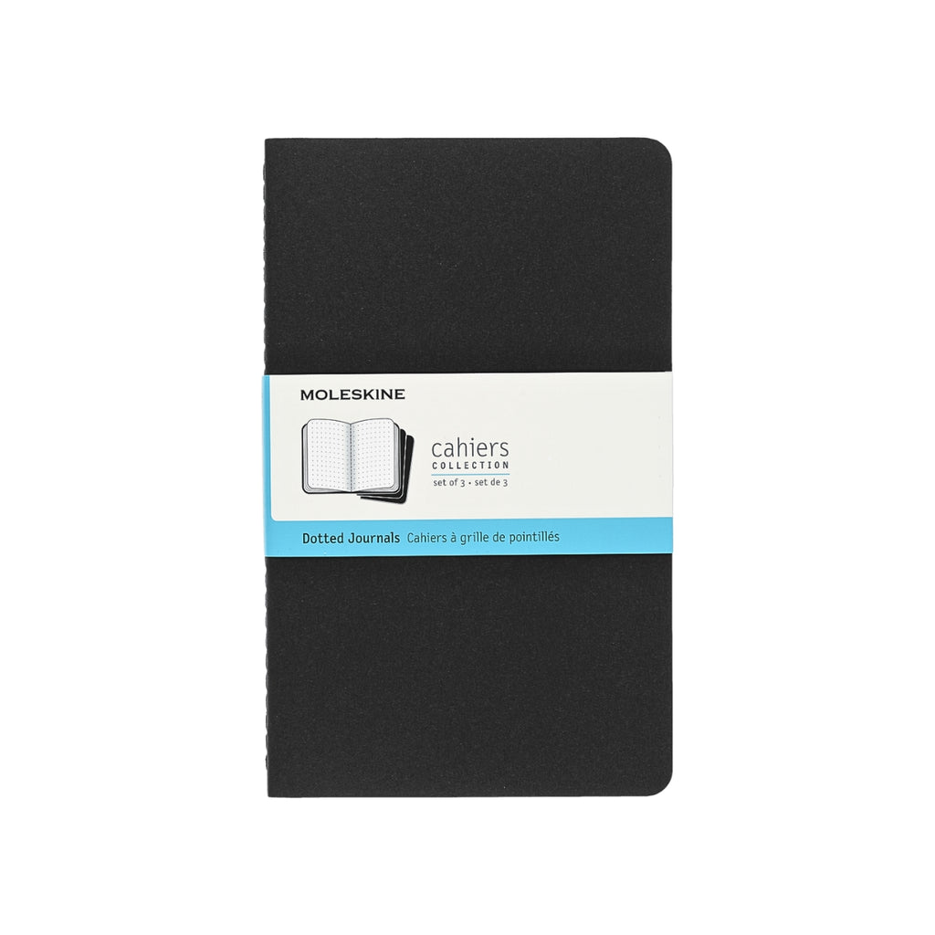 Moleskine Large Black Cahier Dotted notebook set of three shown with original banded packaging.