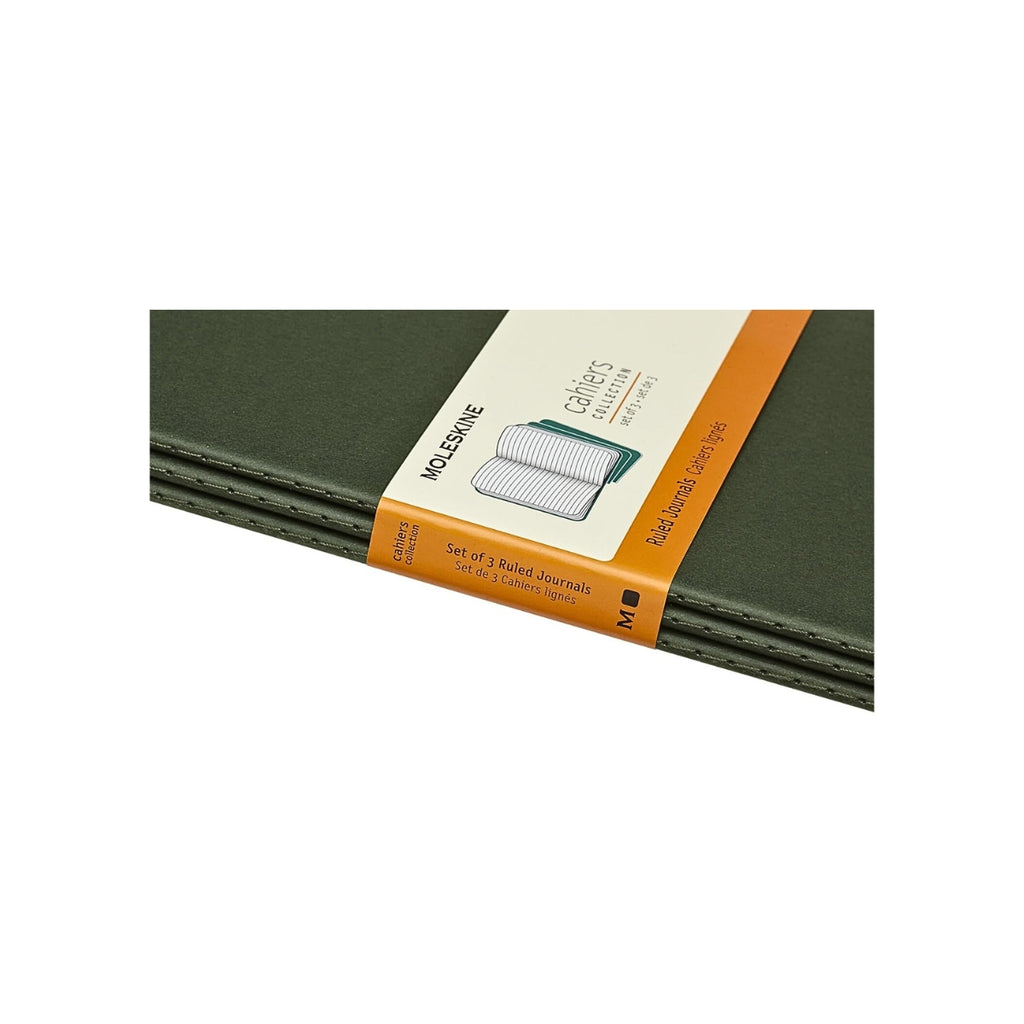 Close-up of the packaging band on a Lined Moleskine Large Myrtle Green Cahier Notebook.
