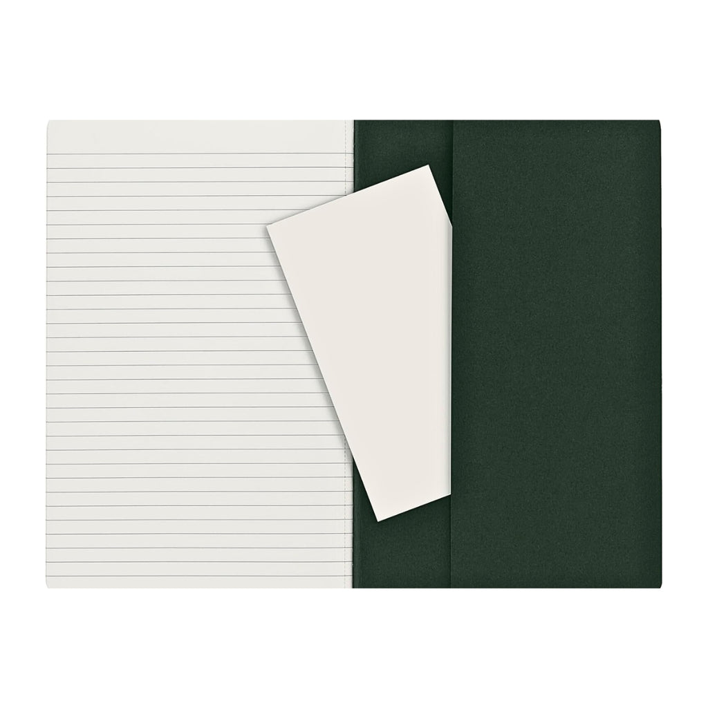 Open Moleskine Large Cahier in Myrtle Green showing lined cream pages and inner pocket with insert.