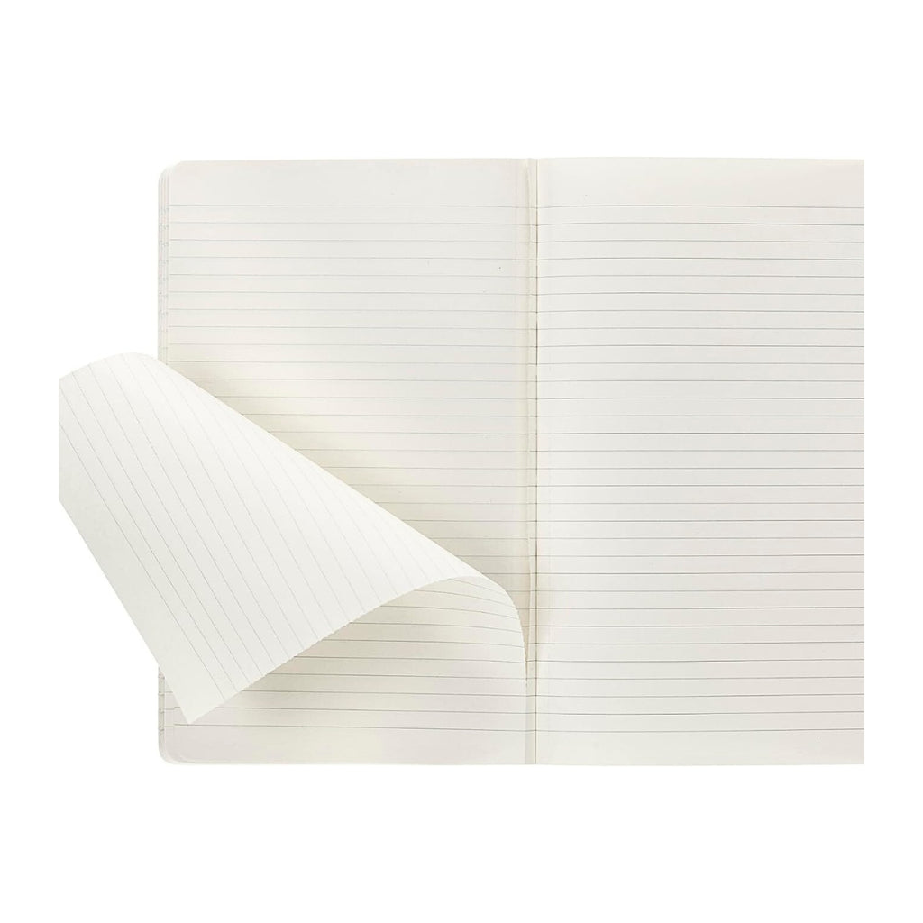 Myrtle Green Moleskine Large Cahier in Lined layout with partially folded cream pages.