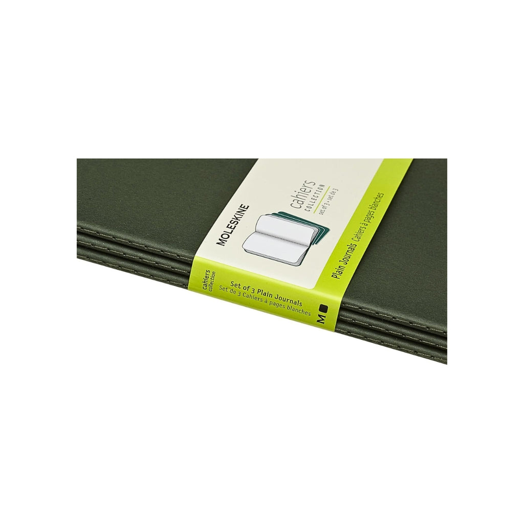 Close-up of the packaging band on a Moleskine Large Myrtle Green Cahier - plain style notebook.