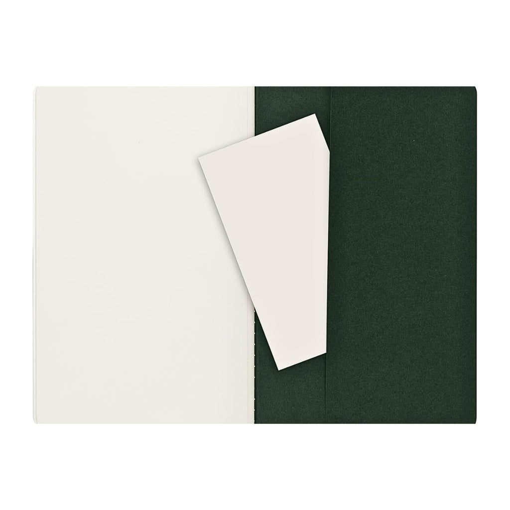 Open Moleskine Large Cahier in Plain Myrtle Green showing blank cream pages and inner pocket with insert.