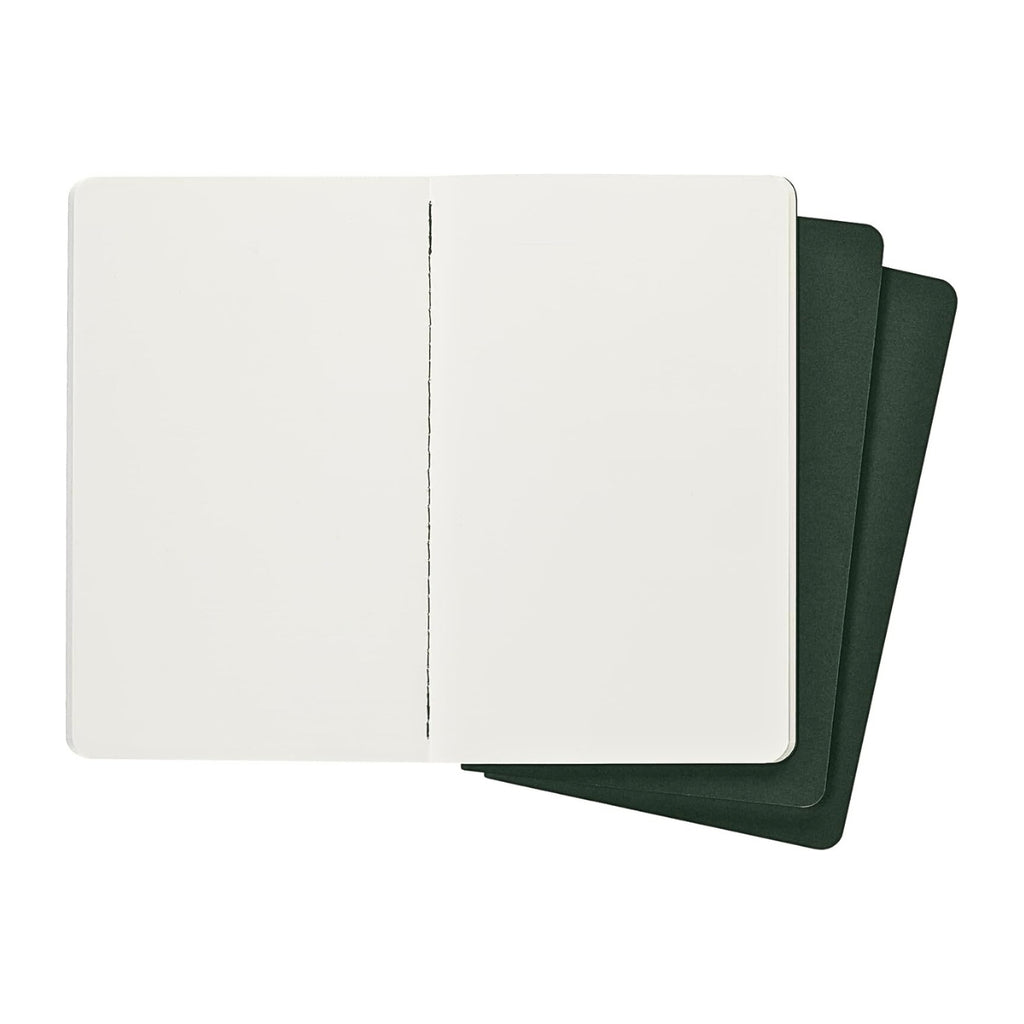 Open Moleskine Large Cahier Myrtle Green showing cream plain pages.