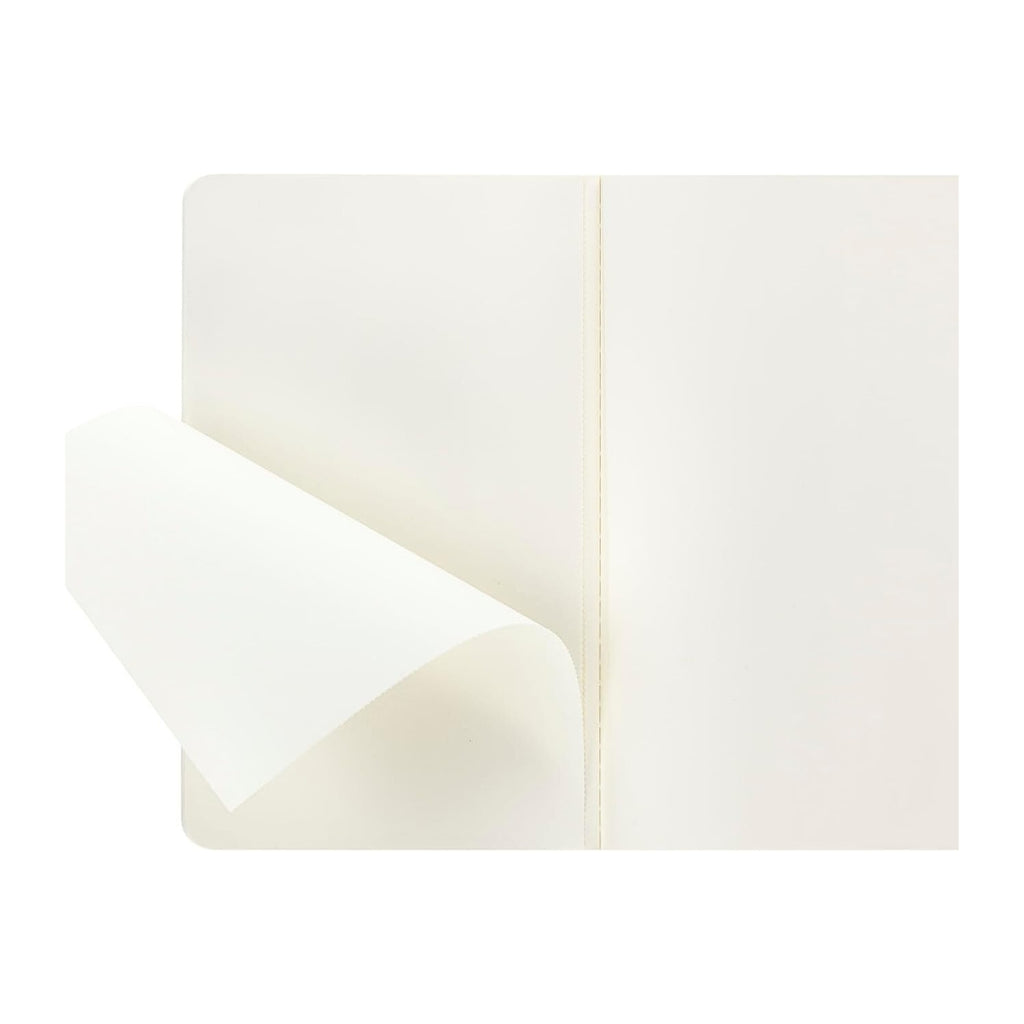 Myrtle Green Moleskine Large Cahier in Plain with partially folded cream pages.