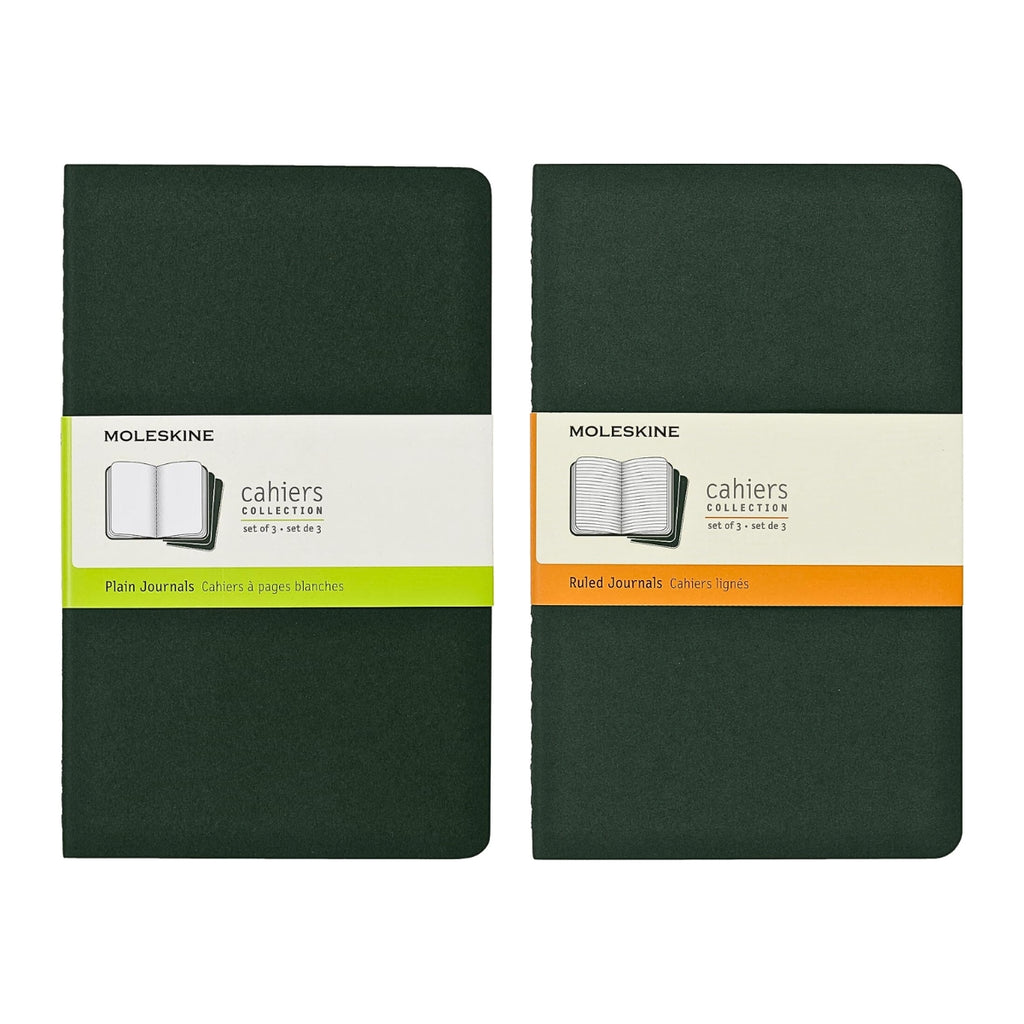 Two Moleskine Large Cahier notebooks in Myrtle Green shown with packaging bands.