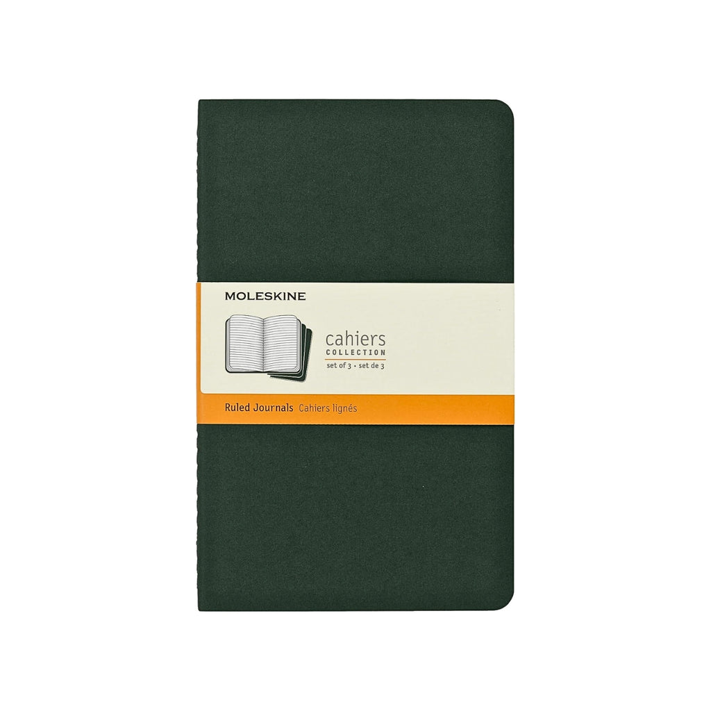 Single Moleskine Large Cahier in Lined Myrtle Green with banded packaging.