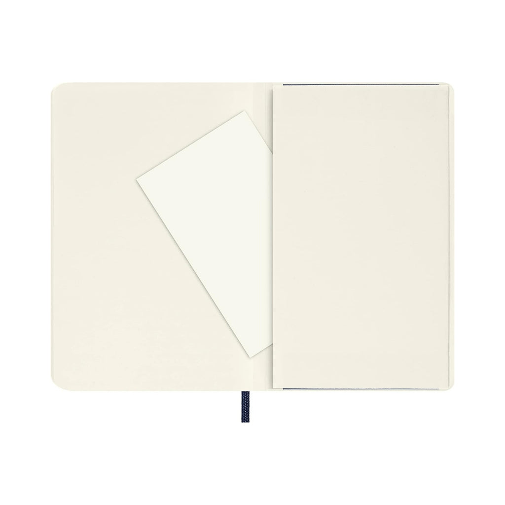 Moleskine Plain Classic Pocket Soft Cover notebook open to reveal the rear pocket and insert sheets.
