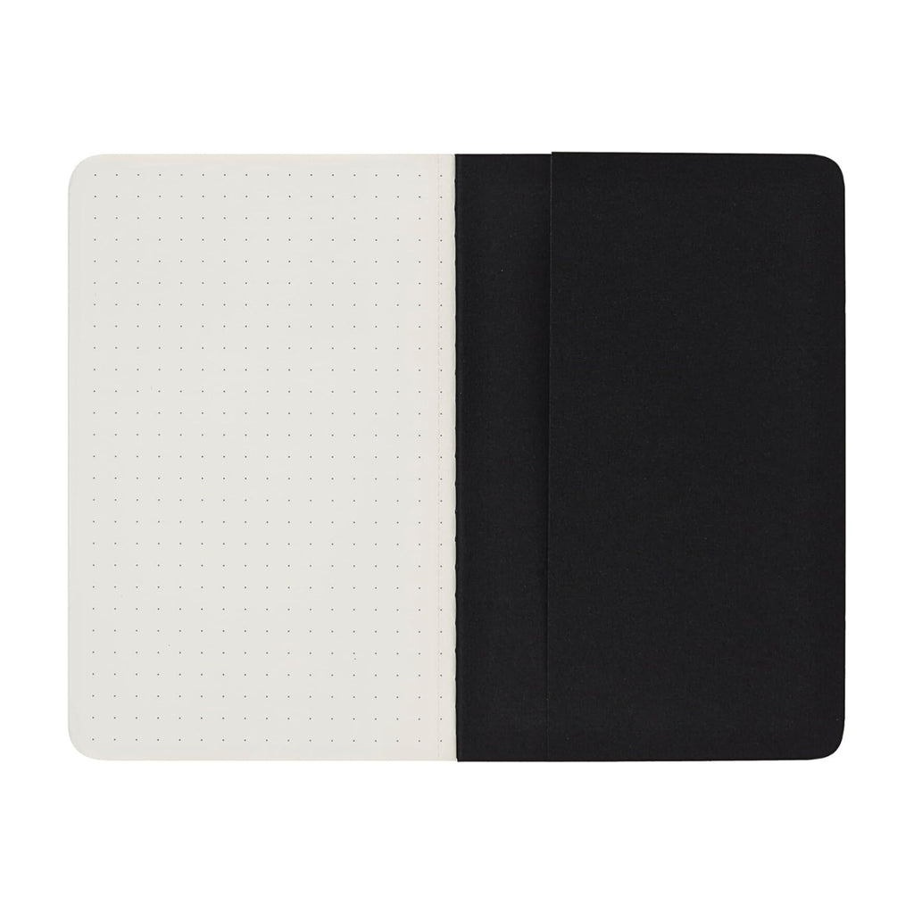 Flatlay of open Moleskine Pocket Black Cahier with dotted pages against white background.