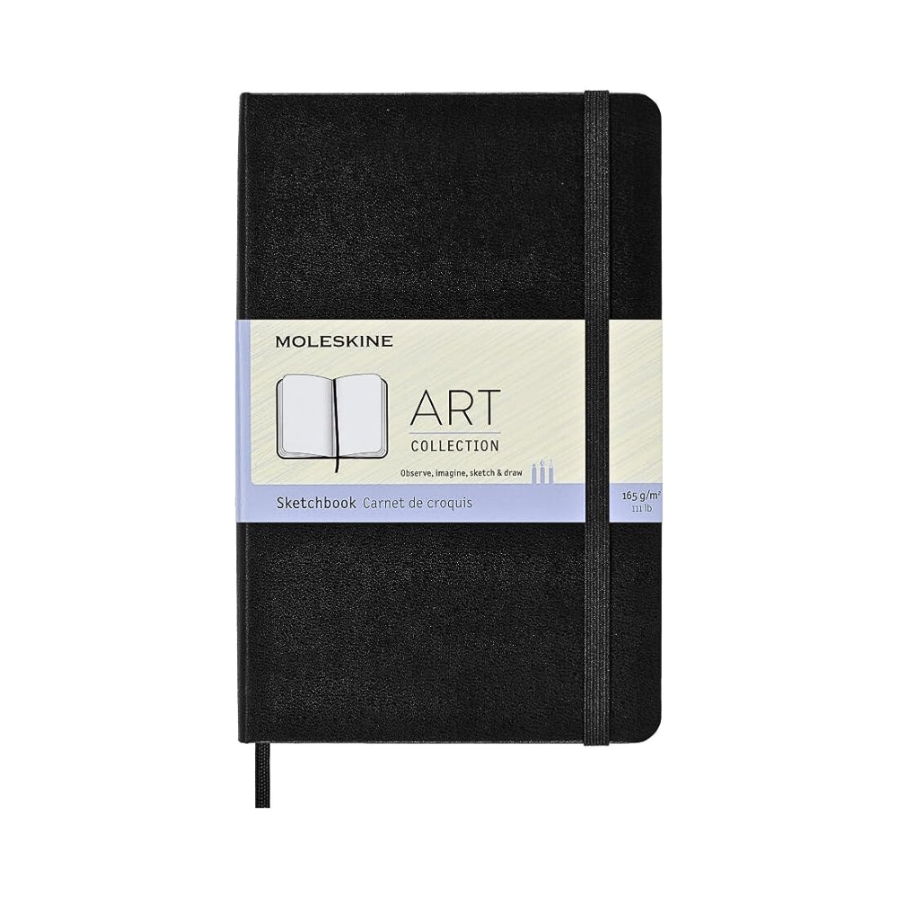 The Journal Shop - Moleskine Professional Art Sketchbook medium size with black hardcover, shown closed with elastic band and paper wrap.