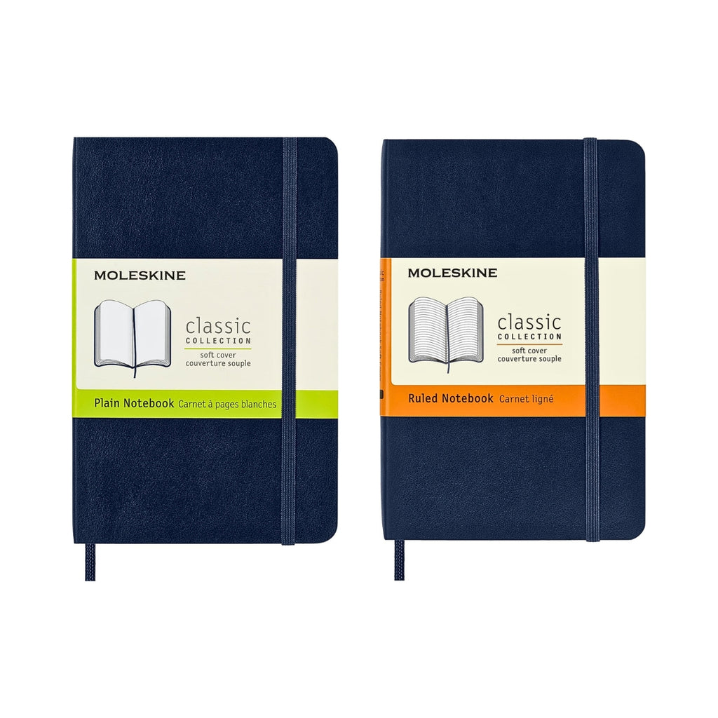 Moleskine Classic Notebook Soft Cover Pocket in sapphire blue with front paper band.