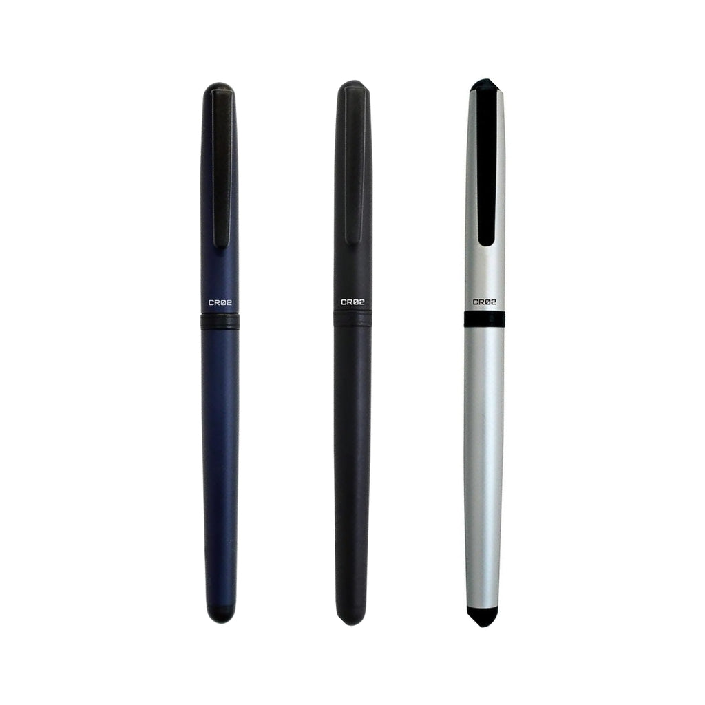 Three Ohto CR02 Ceramic Rollerball Pens with a matte finish, displayed vertically in navy blue, black, and silver colours, each featuring a sleek cap and minimalist design.